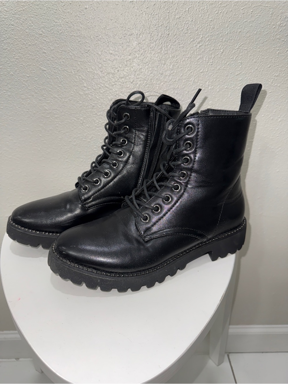 Black Leather Lace-Up Combat Boots - Women